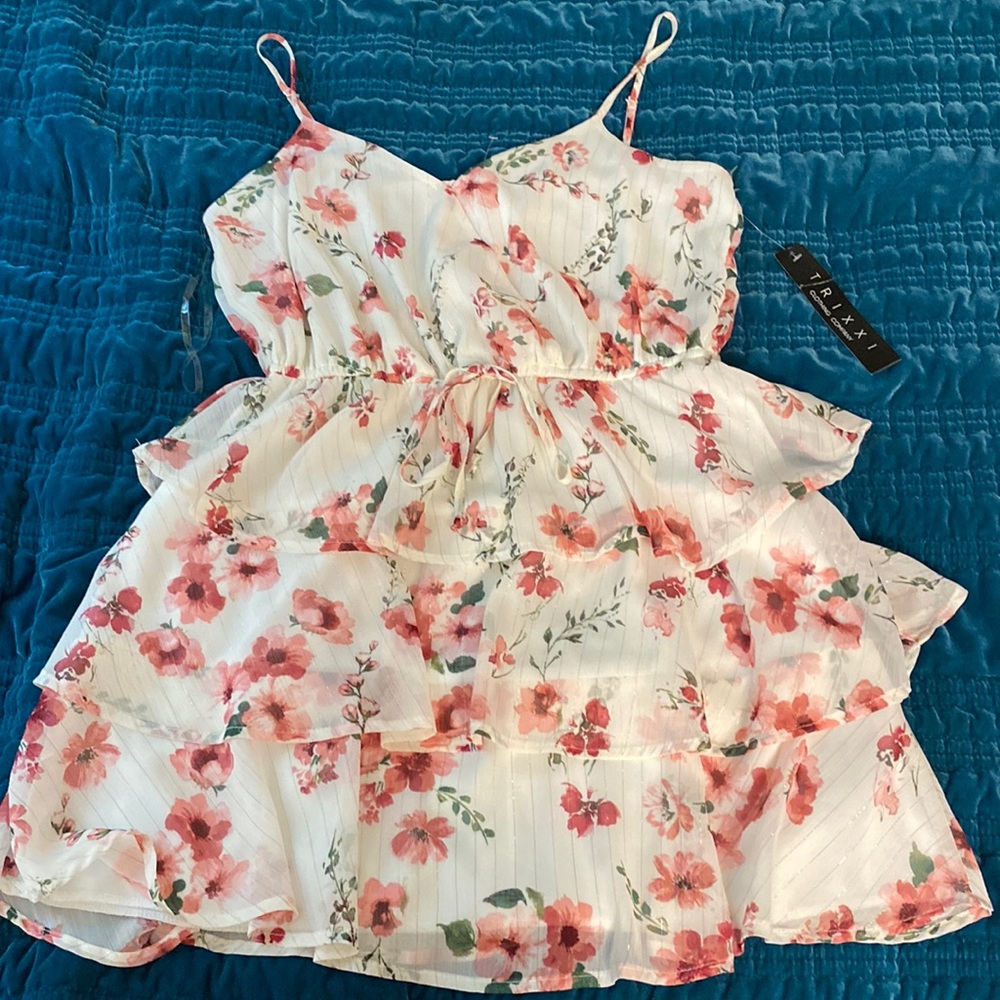 Size large white dress,pink flowers and glittery stripes. Never worn before.